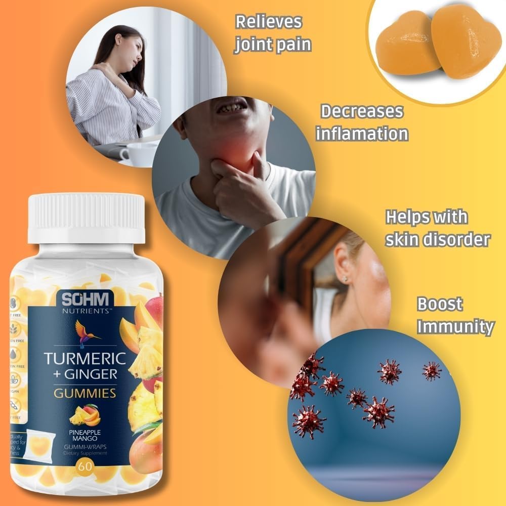 SOHM Turmeric Ginger Gummies with Ginger, 60 Individually Wrapped, Helps Skin Disorders, Supports Joint Health -Pineapple Flavor Gummies for Adults Men and Women