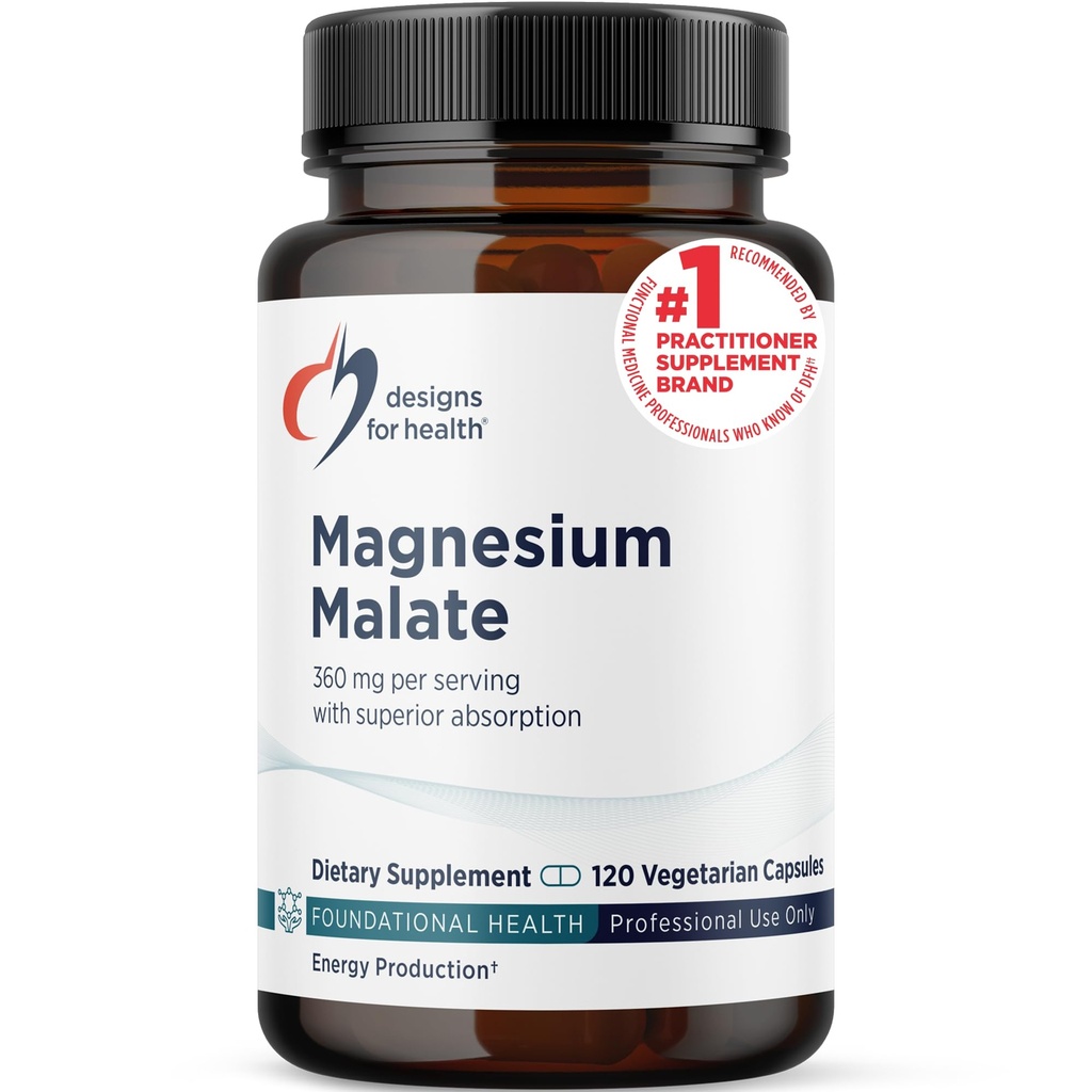 Diseños para el Magesium Malate de Salud - Magnesio Chelated como Di Magnesium Malate - Formulario altamente biodisponible para apoyar Energía, Bone Health + Recuperación de Muscles (120 Magnesium Malate Capsules)