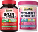 Iron Supplement, 65mg Carbonyl Iron con 250mg Vitamina C + Vitalibre Probióticos femeninos 100 Billones CFU, 15 Strains, w/Prebiótico, Arándano, Vitamina B6 &amp; VC