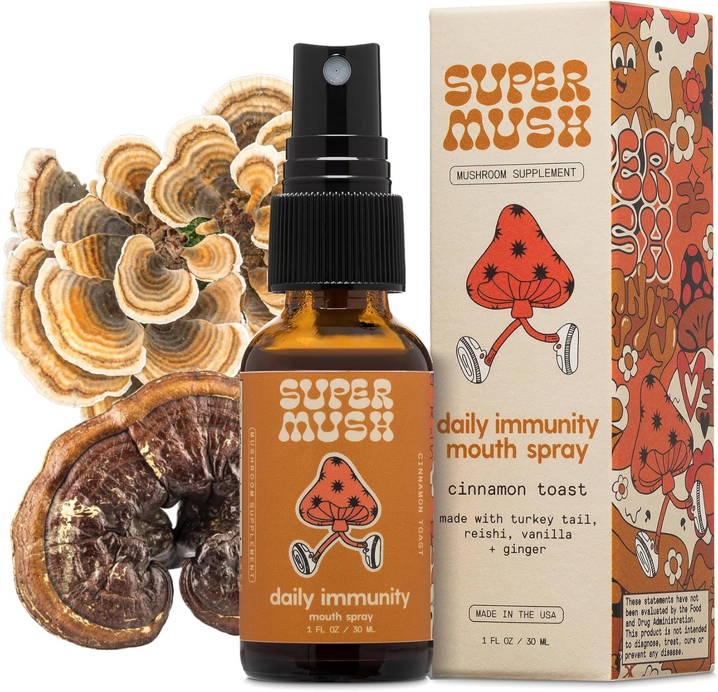 SuperMush Daily Immunity Mouth Spray Organic - Mushroom Immunity Spray Suplementos - Turquía Tail &amp; Reishi Mixed Mushrooms Extracto - Immune &amp; Digestive Health Support - 30ml Puro &amp; Orgánico Turquía Tail