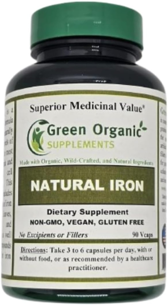 (Pack of 1) Hierro de Suplementos Ecológicos Verdes, 2000mg Cápsulas de Hierro Orgánico, 90, Hecho a mano, Vegan, No GMO, " Cápsulas de Hierro Natural Libre