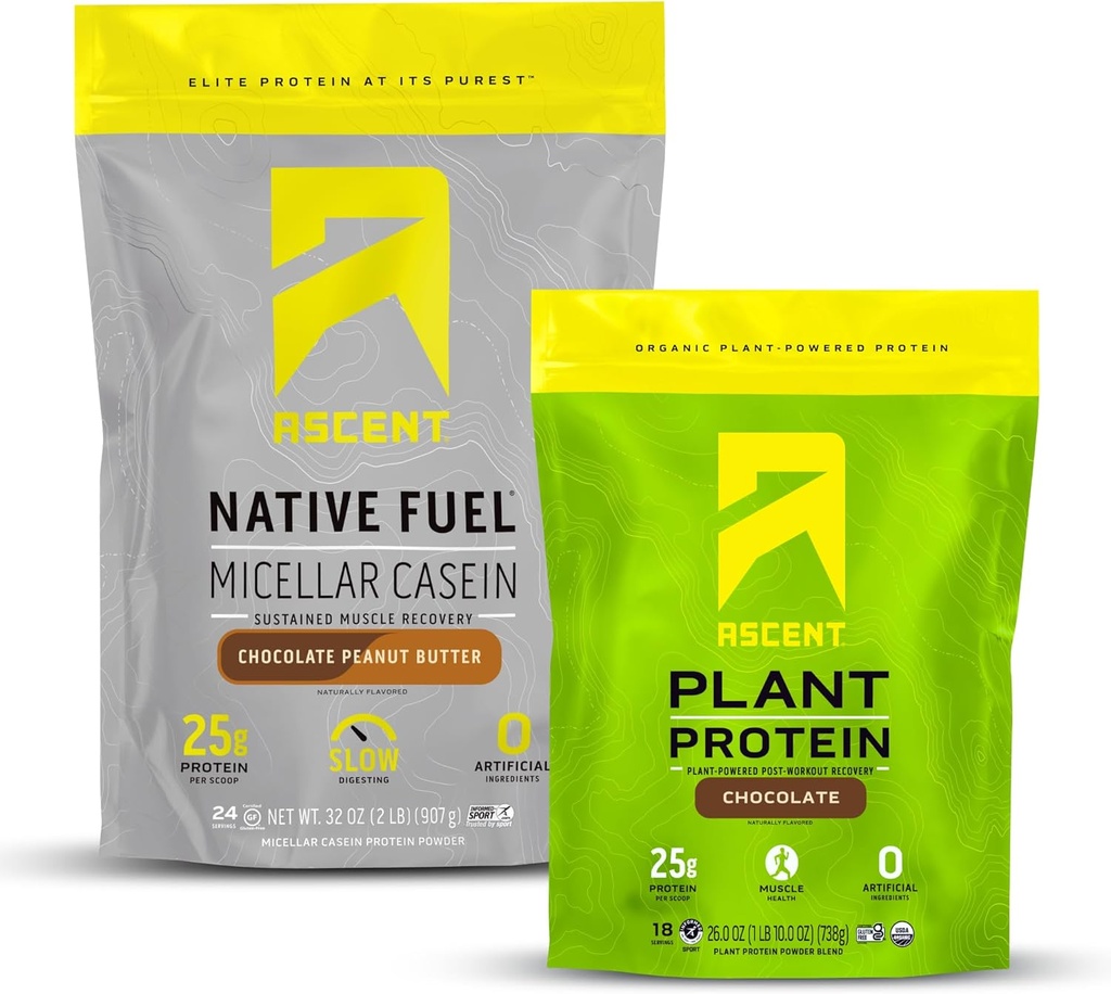 Ascent Casein Protein Powder Chocolate mantequilla de maní 2 lb &amp; planta Proteína Polvo Chocolate 18 Servimientos