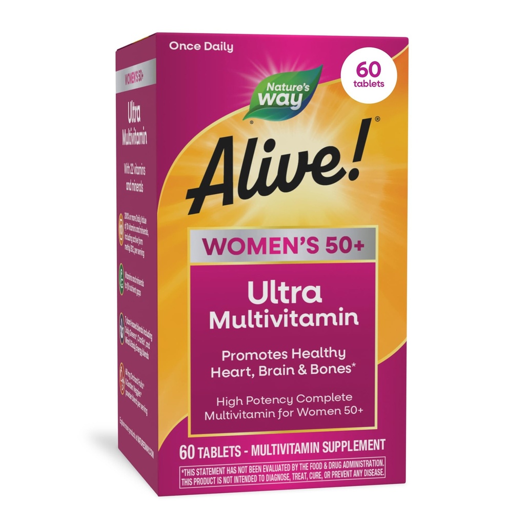 ¡El Camino de la Naturaleza Alive! Vitaminas para Mujer 50 Plus, Multivitamina completa, Fórmula de alta potencia, con B12 metilada, sin gluten, 60 Tabletas