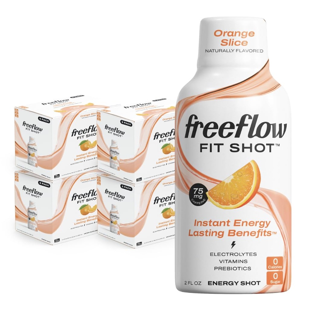 Freeflow Fit Energy Shots, Orange Slice, Natural Caffeine Boost con L-theanine, Ginseng, Vitaminas, Prebióticos, Electrolitos (24 Conde, 2oz Shots)
