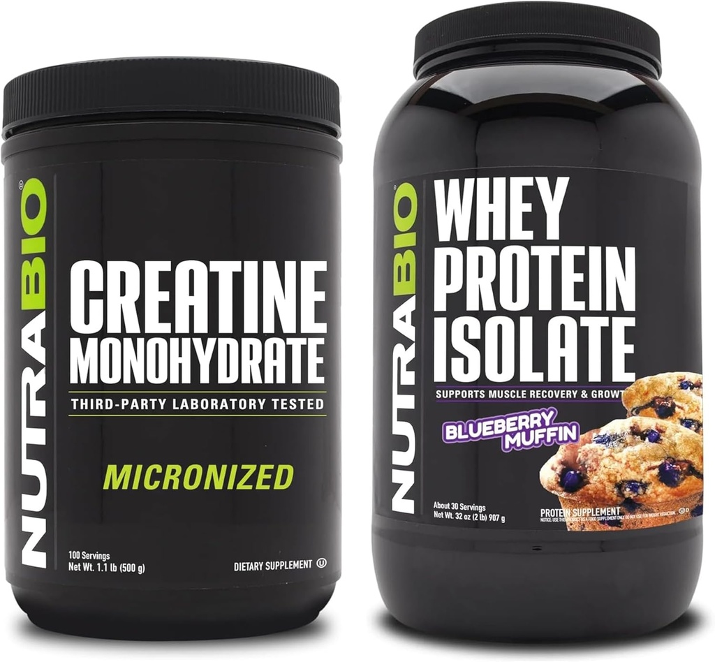 NutraBio Monohidrato de Creatina, Desflavorado, 500g y Whey Protein Isolate, Blueberry Muffin, Suplemento Bundle - Muscle Energy, Lean Muscle Growth, Recovery, and Strength