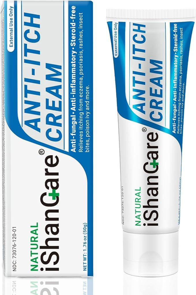 ishancare Anti Itch Soothing Cream Extra Strength Skin Itch Relief Ointment, for Full Body Itching Caused by Seasonal Changes, Dermatitis, Eczema, Rash, Psoriasis, Hives, Bites, Poison Ivy, 1.76 oz