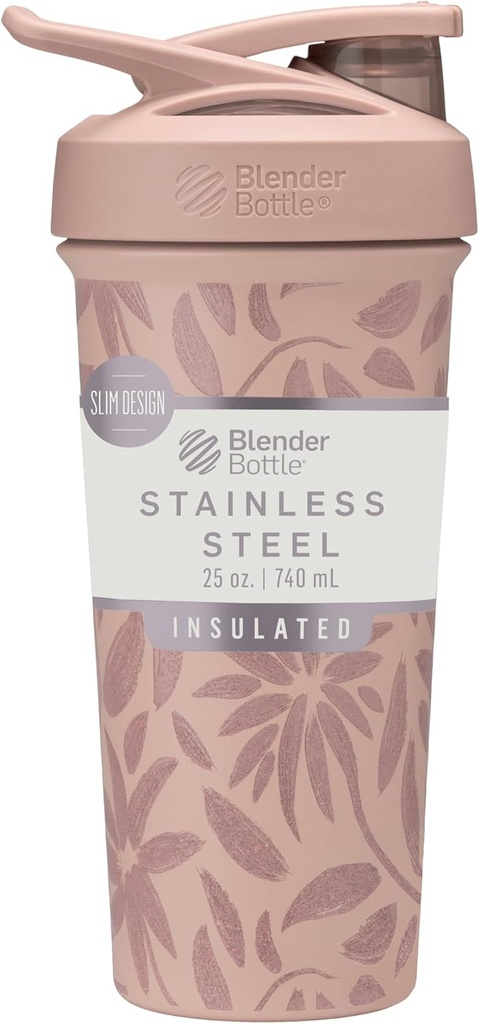 BlenderBottle Strada Flip Shaker Cup Botella de agua de acero inoxidable aislada con Whisk de alambre, 25 onzas, Brown Flowers