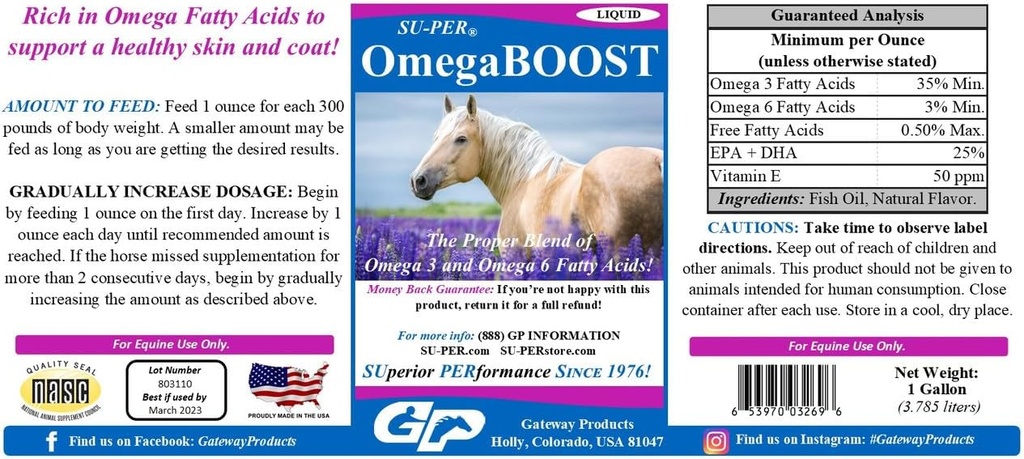 SU-PER OmegaBOOST Fish Oil for Horses - Premium Omega 3 and Omega 6 Fatty Acids Supplement - Supports Healthy Skin & Coat - 1 Gallon