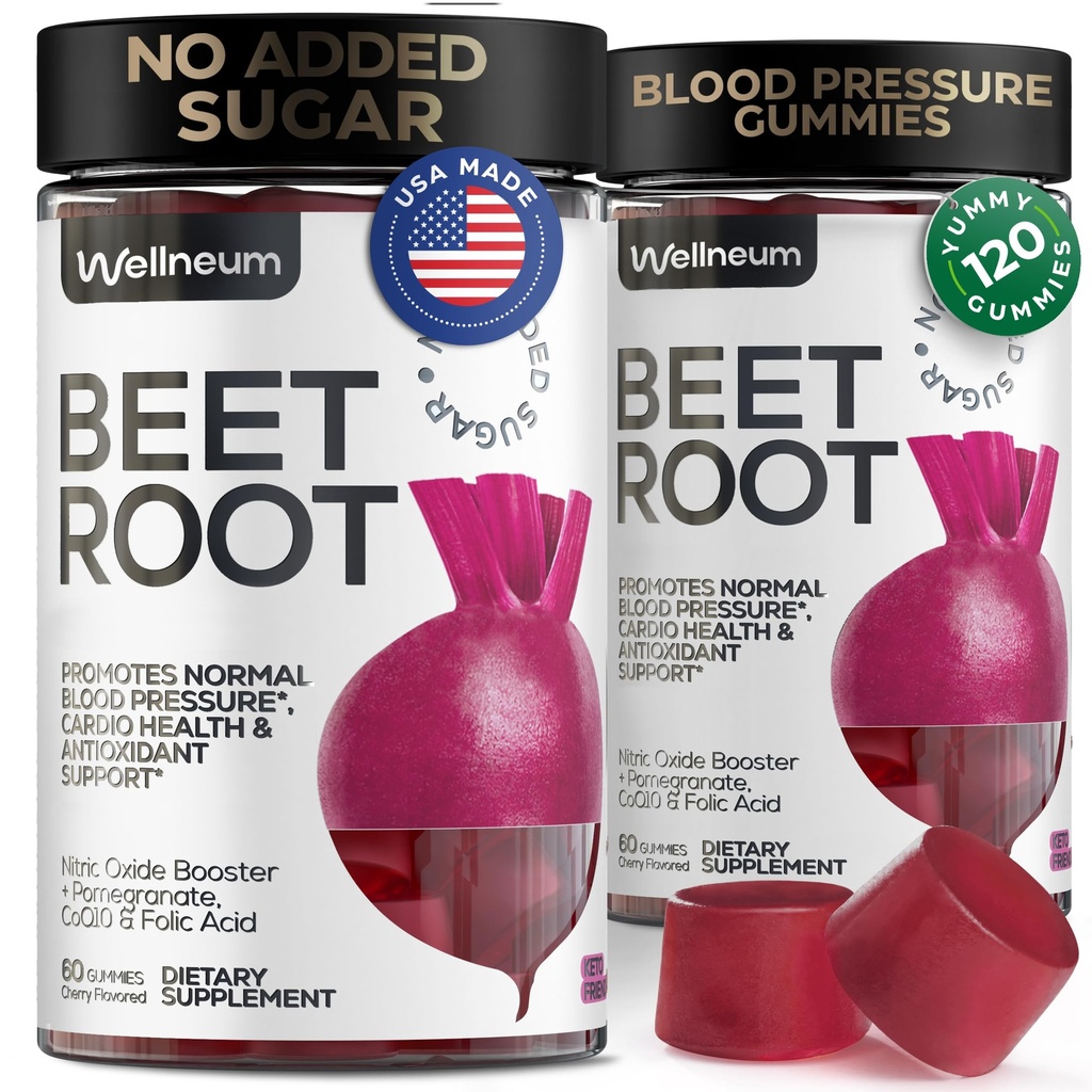 Beets for High Blood Pressure 120 Pcs (2 Pack) - Beet Root Chews with Pomegranate Juice Powder - Nitric Oxide Gummies for Energy, Cardio Health - Gummy Supplement for Men and Women - Sugar Free