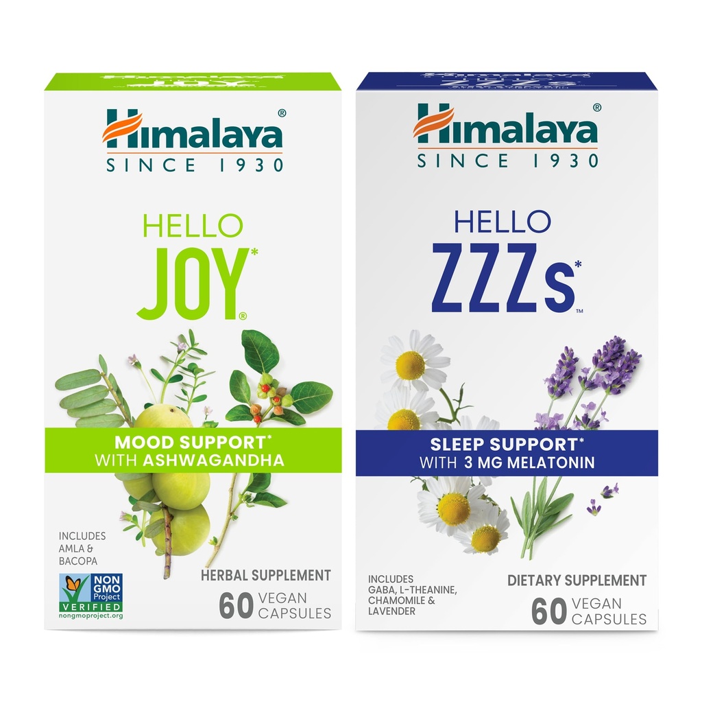Himalaya Hola Alegría con Ashwagandha para mejorar el Mood y los Espíritus " Hola ZZZs con Melatonina para el apoyo al sueño, 60 cápsulas cada uno - Bundle