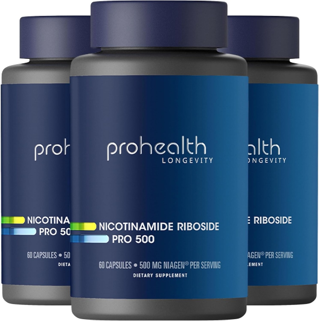 ProHealth Nicotinamide Riboside Pro 500. Patented NR Niagen 500mg Plus 250mg TMG. NAD+ Suplemento Boosts NAD+. Suplemento NR Provenido en 300 Estudios. 30 Servicios (3 Pack)
