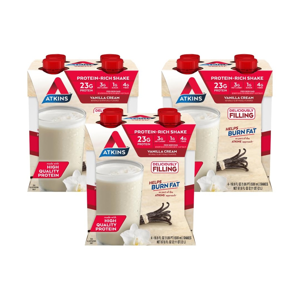 Atkins Vainilla Crema Talla Proteína Shake, 23g Proteína, Baja Glicemia, 3g Carb, 1g Sugar, Keto Friendly