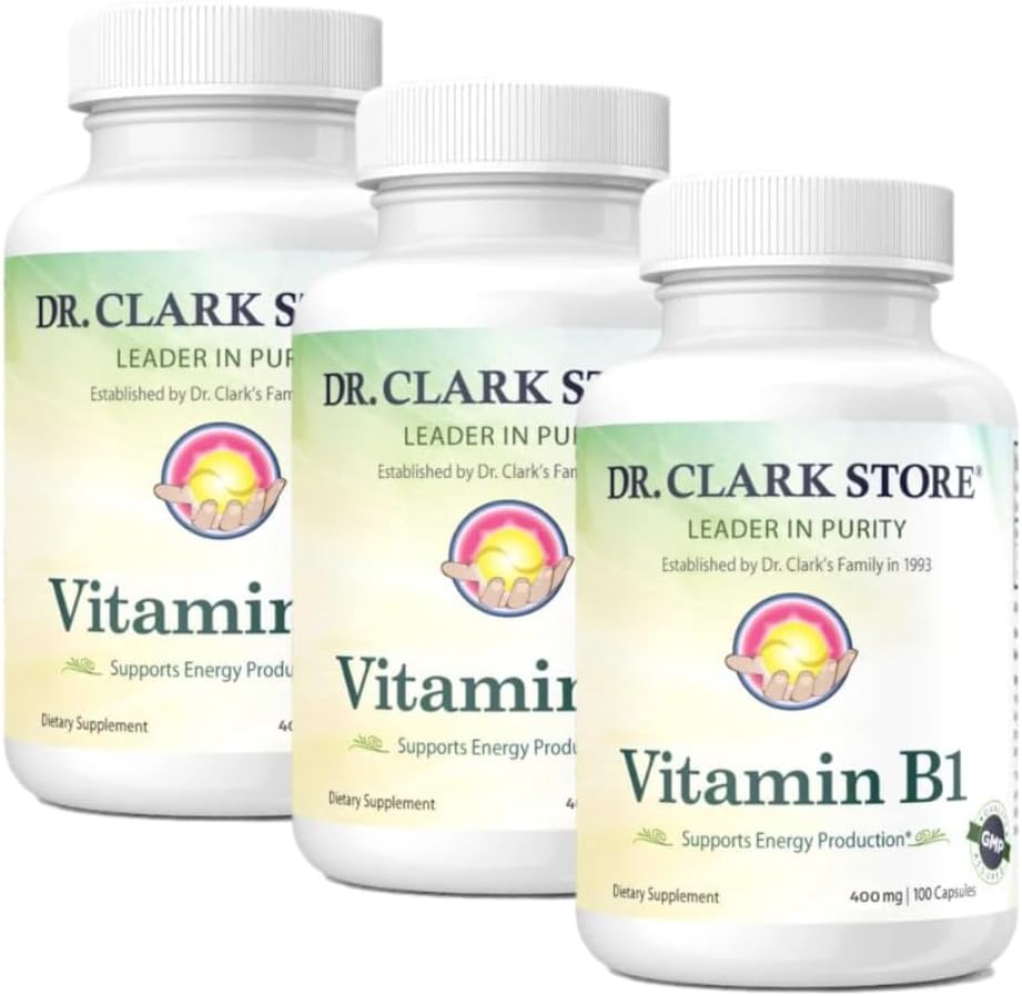 Bernard Jensen's Dr. Clark Store Vitamina B1 Thiamine 500mg Suplemento -Thiamine B1 Suplemento para el metabolismo energético del sistema nervioso saludable, libre de gluten, libre de lácteos - 100 Gelatin Capsules 3Pack