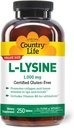 Country Life L-Lysine 1000mg with B-6, Supports Immune Health, Promotes Collagen Renewal in Lips and Mouth, 250-Count, Certified Gluten Free, Certified Vegan
