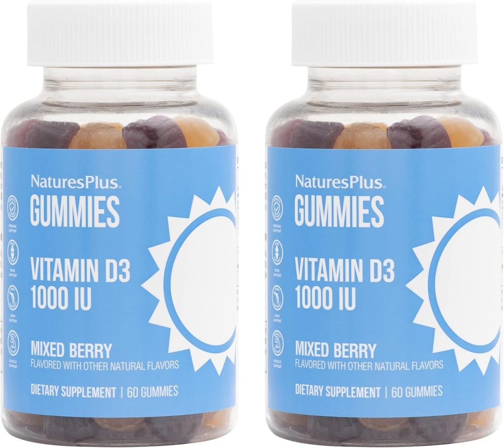 NaturesPlus Gummies Vitamin D3 1000 IU, Mixed Berry - 60 Gummies, Pack of 2 - Promotes Bone Health & Immune Function - Vegan, Gluten Free, Non-GMO - 120 Total Servings