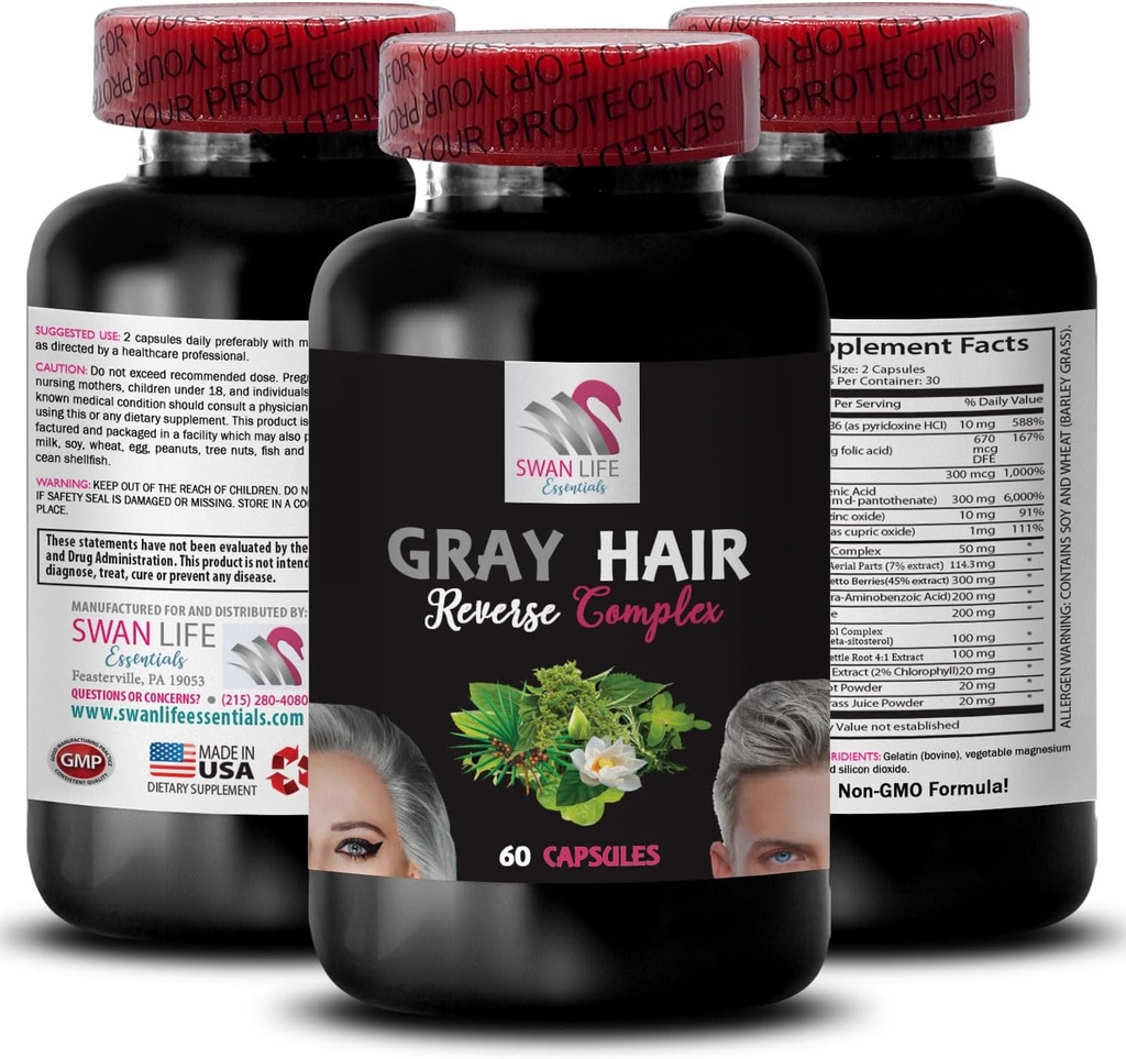 Biotina - GRAY HAIR REVERSE - Piezas herbáceas Aeriales, Renacimiento del color del cabello, cabello juvenil, color natural del cabello, rejuvenecimiento del cabello, pigmentación del cabello, mejora del color, restaurar la vibración 1 Botella 60 cápsulas