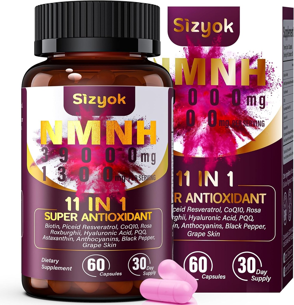Suplemento NMNH (Dihidronicotinamide Mononucleotide) 600mg,NAD Suplemento con Resveratrol, CoQ10, Biotin & Hyaluronic Acid tención Apoyo Celular Energía, Metabolismo & Skin Wellness, 60 cápsulas,Pink
