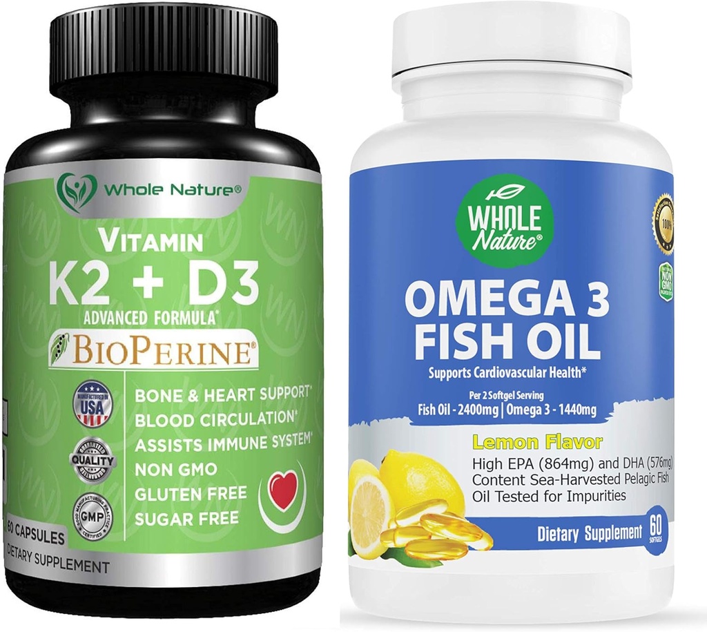 K2+D3 con Bioperina Plus Calcio Omega 3 El aceite de pescado es más eficaz juntos para apoyar la salud del corazón, las articulaciones y el cerebro
