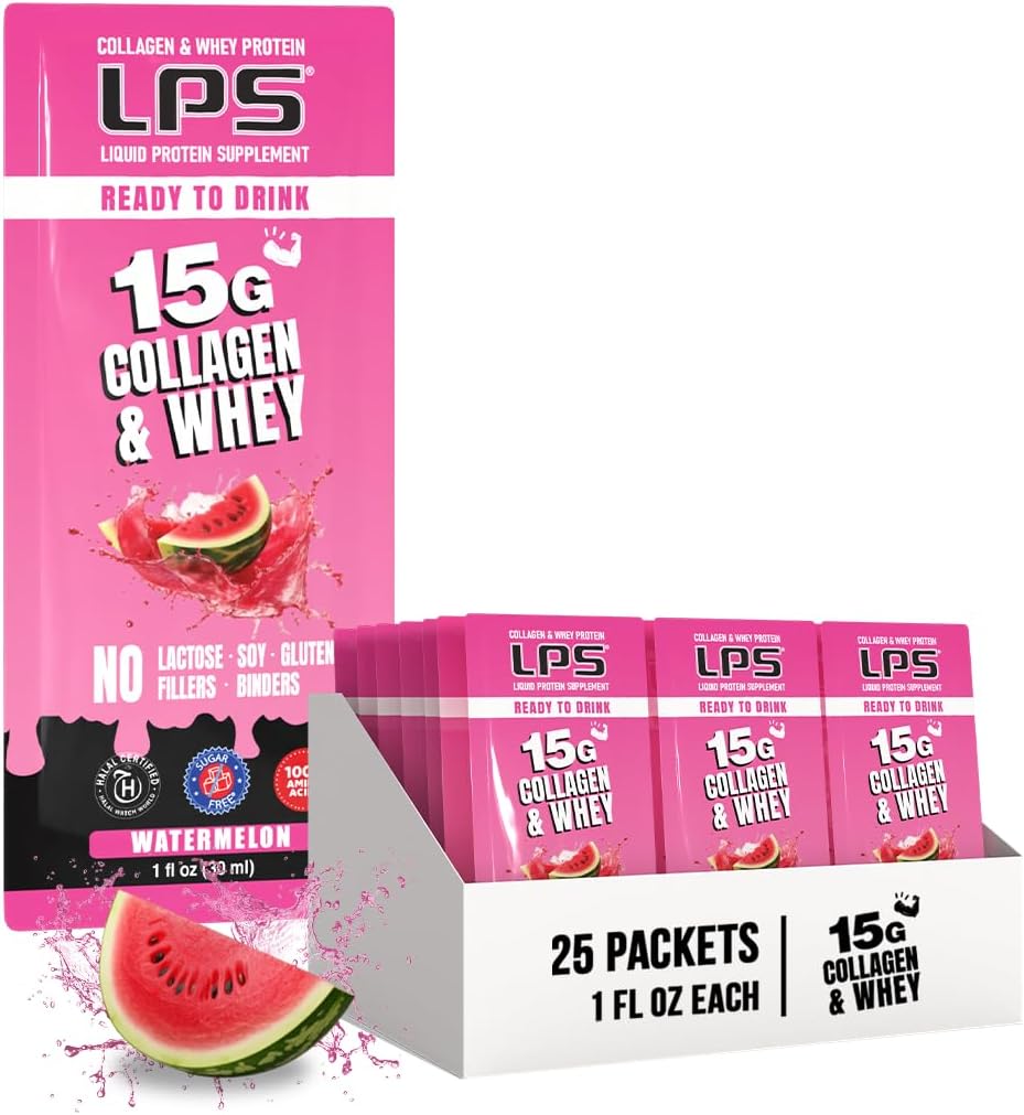 LPS Liquid Collagen & Whey Protein Supplement - Non-GMO Drink, Sugar-Free - Promotes Healthy Skin & Hair for Men & Women, Watermelon, Single Serve (50 Packets)