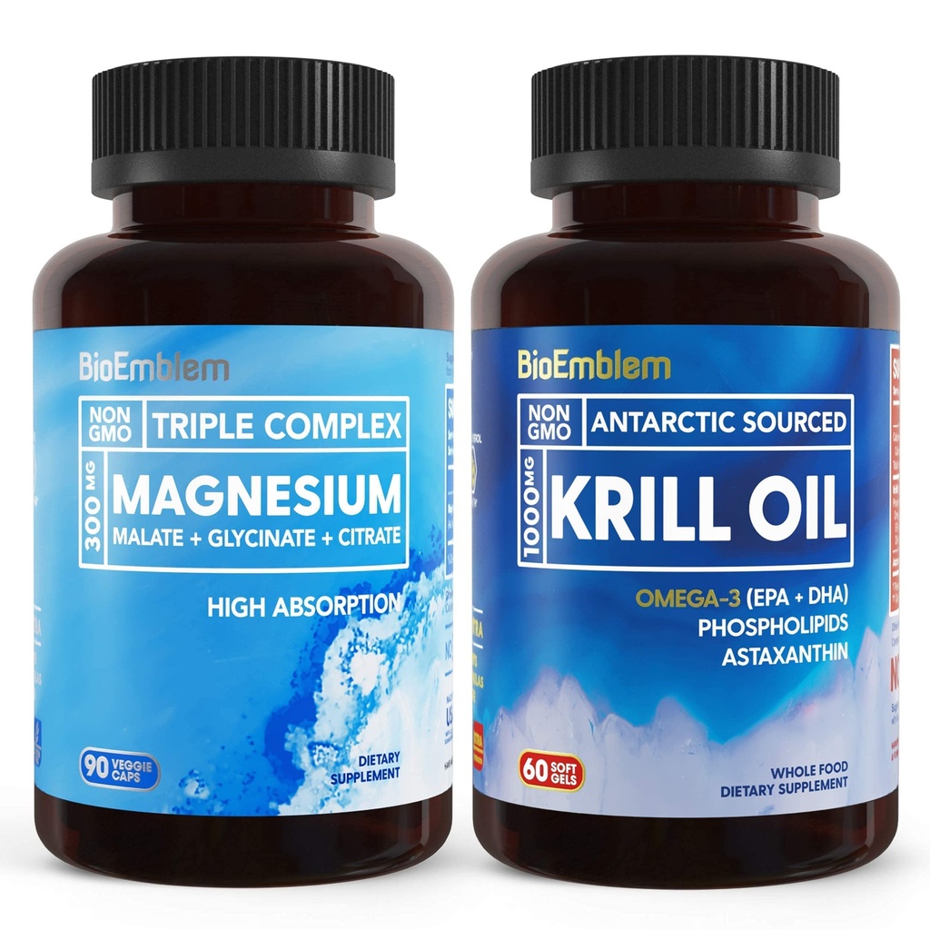 BioEmblem Complejo de magnesio triple y aceite de Krill Antártico, apoya la salud del sueño y del cerebro, el corazón y la salud conjunta, promueve la salud cardiovascular y apoya la relajación