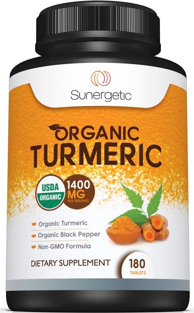 Sunergetic USDA Certified Organic Turmeric Supplement – Includes Organic Turmeric & Organic Black Pepper – 1,400mg of Turmeric per Serving - 180 Count (Pack of 1)