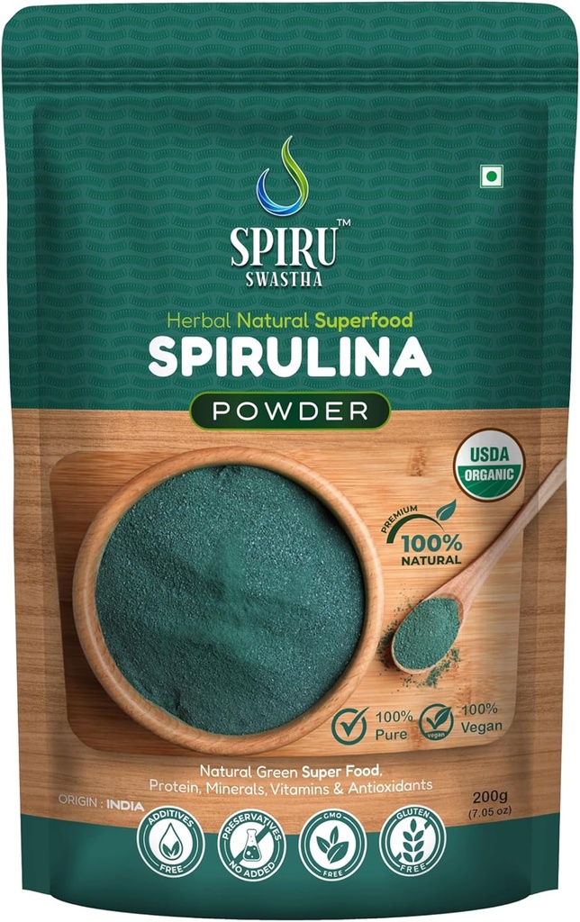 Polvo Espirulina Orgánica, 100% Vegano, Alimentos Naturales Herbales con Proteína, Vitaminas, Minerales, No OGM, No Irradiación, USDA Certified (200 Gram)