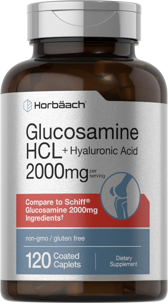 Horbäach Glucosamine HCL | with Hyaluronic Acid | 2000mg | 120 Coated Caplets | Non-GMO & Gluten Free Supplement