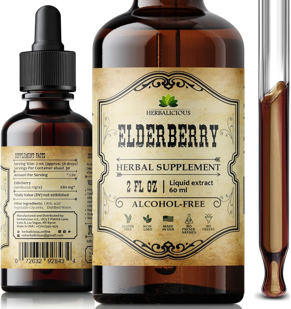 Extracto orgánico de Elderberry – Suplemento Herbal Natural de Elderberry Negro – Boosters Inmunitarios para Adultos, Digestivo &amp; Heart Support – Antioxidantes, Vitamina C & Fiber – 2 oz Liquid para Mujeres