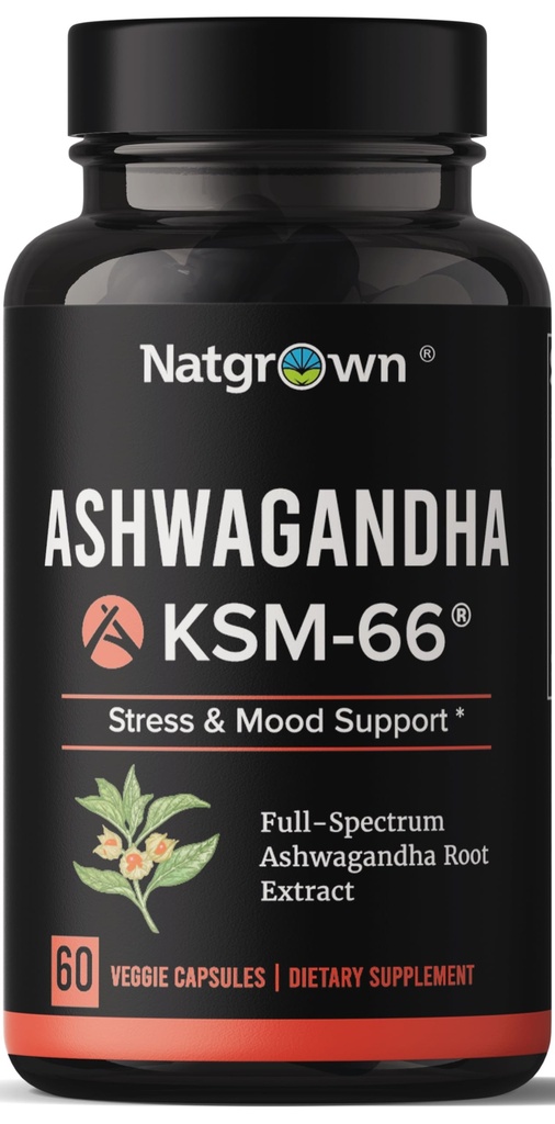 Natgrown Ashwagandha KSM 66 Supplement 600 mg - Stress, Mood, & Athletic Support - Organic KSM66 Root Extract with 5% Withanolides - Vegan Capsules - 60 Count