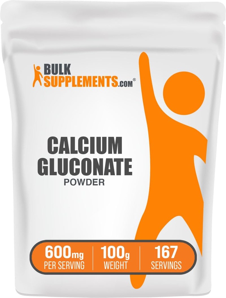 BulkSupplements.com Calcium Gluconate Powder - Calcium Supplement, Easily Absorbed - Unflavored & Gluten Free, 600mg per Serving, 100g (3.5 oz) (Pack of 1)