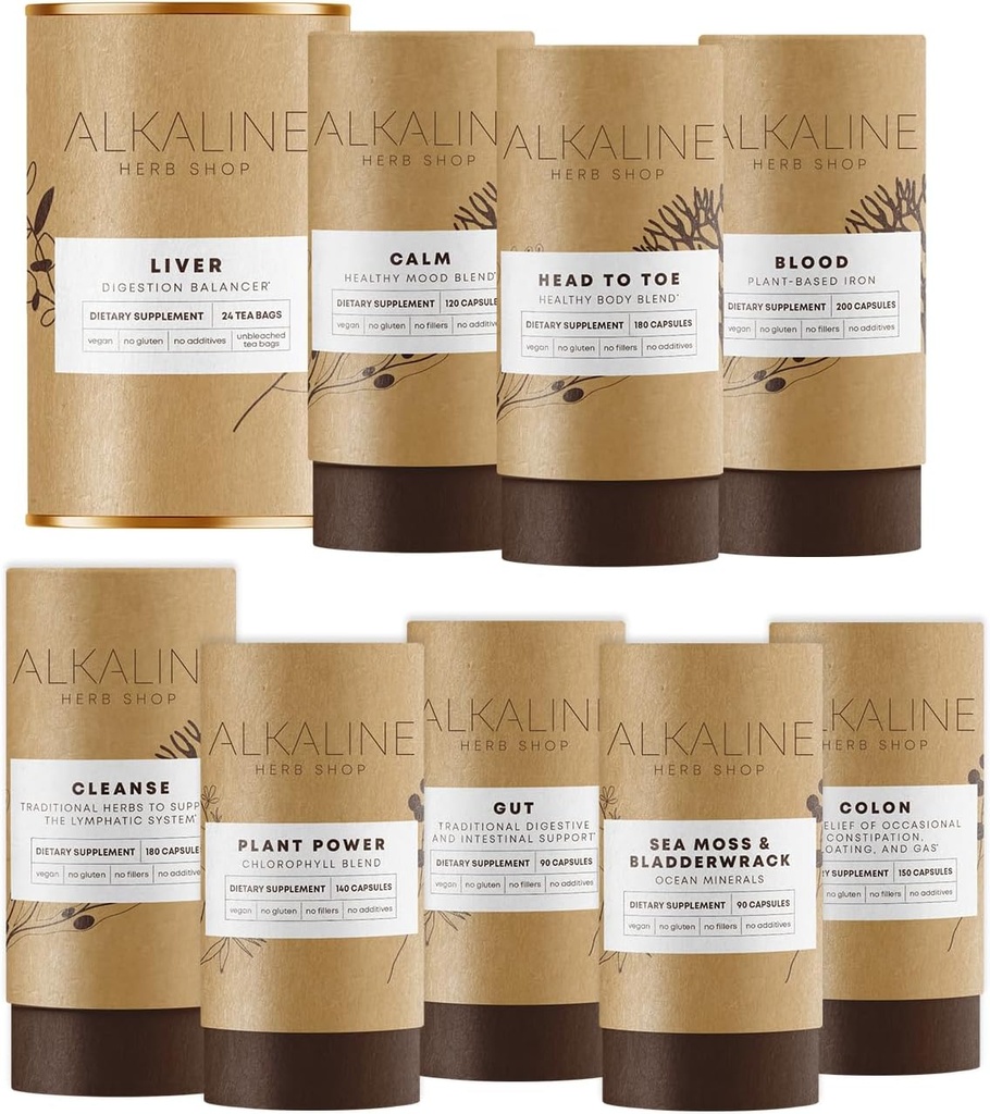 Alkaline Herb Shop The Body Essentials Bundle - Sea Moss & Bladderwrack, Chlorophyll, Iron, Happy Healthy Body, Happy Colon, Happy Lymph, Gut, Happy Liver Tea and Happy Mood