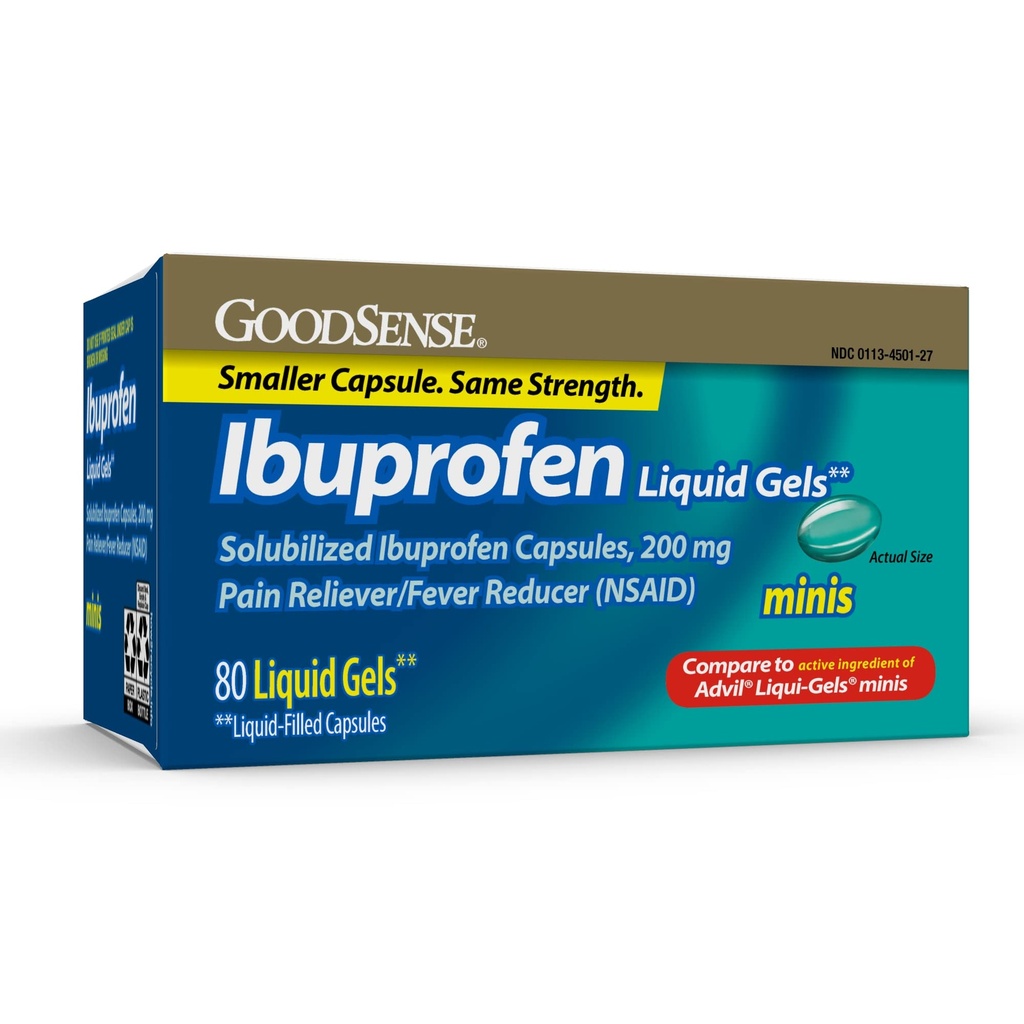 GoodSense Ibuprofen Mini Líquido-Gels, 200 mg, Líquido-Filled Capsules, Dolor de Dolor y Reductor de Fiebre, 80 Conde