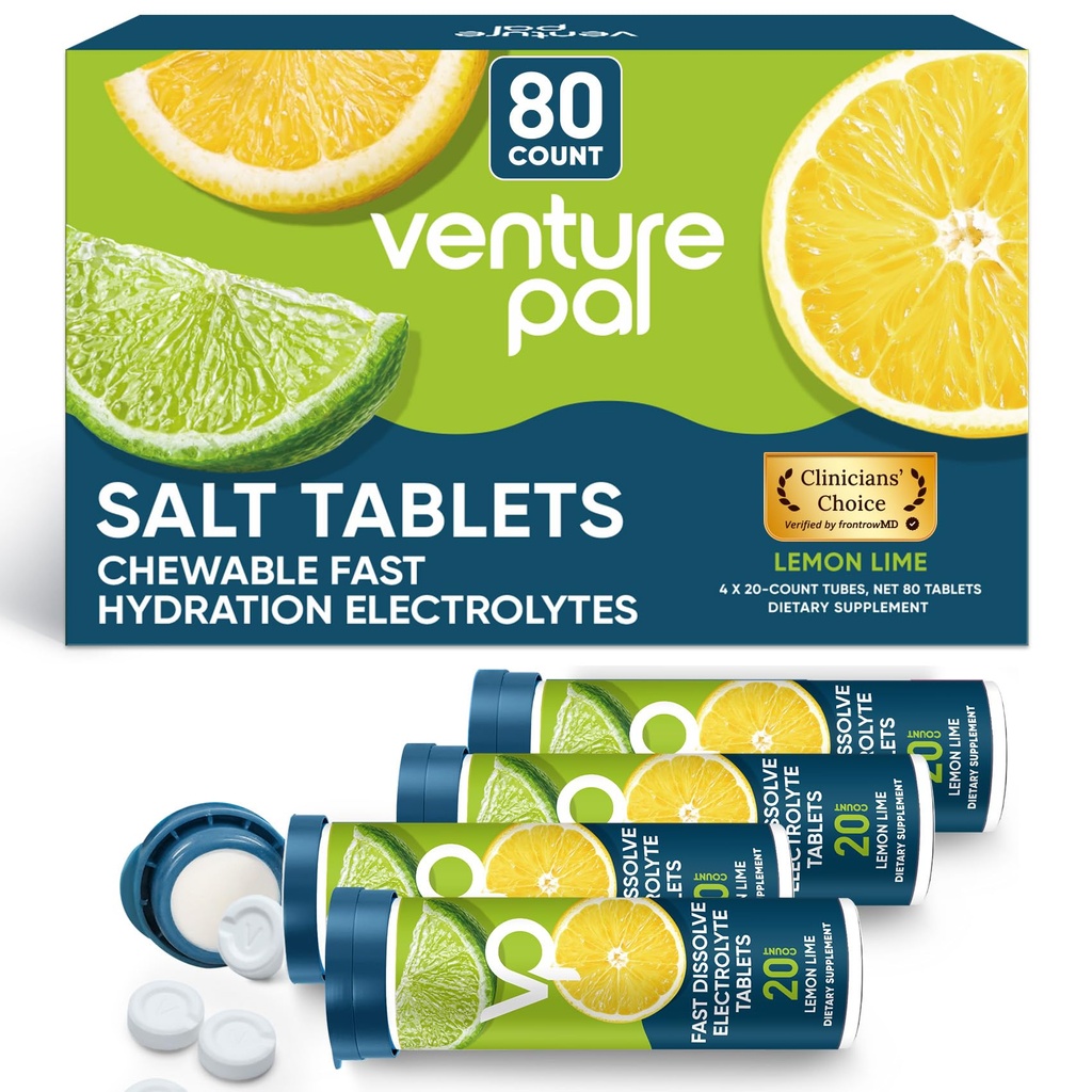 Venture Pal Chewable Electrolyte Tablets, 80 Cuenta Fast-Dissolve Sugar-Free Stick Salt Tablets - Variety Pack for Rapid Hydration, Outdoor Running, Hiking, Sports ← Keto & Vegan Friendly ← 4 Pack
