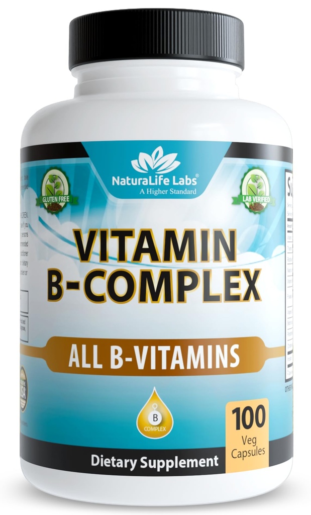 NaturaLife Labs Vitamina B-Complex con Vitamina C – Incluye Active B2 (Riboflavin-5-Phosphate), B6 (Pyridoxal-5-Phosphate), B9 (5-MTHF) y B12 (Metilcobalamina); más B1, B3, B5 y B7 – 100 cápsulas