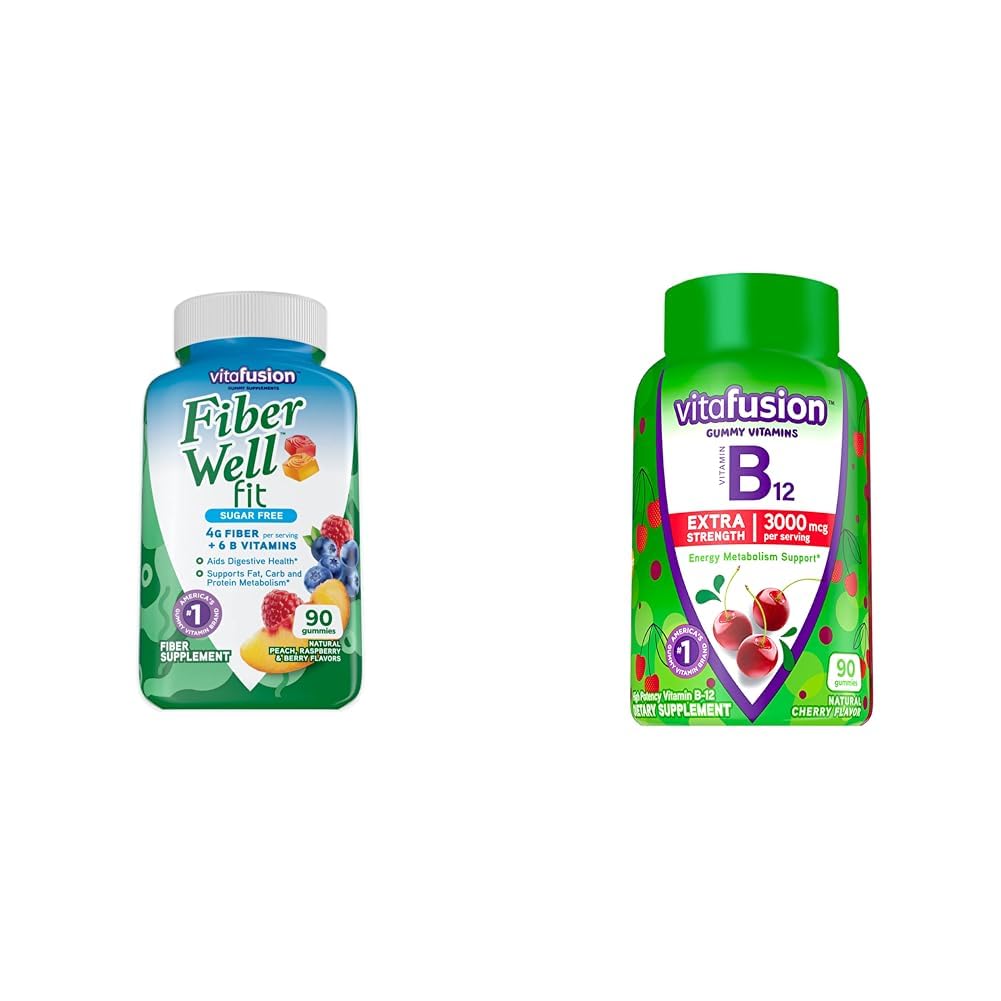 Vitafusion Fiber Well Fit Gummies Supplement, 90 Count (Packaging May Vary) & Extra Strength Vitamin B12 Gummy Vitamins for Energy Metabolism Support