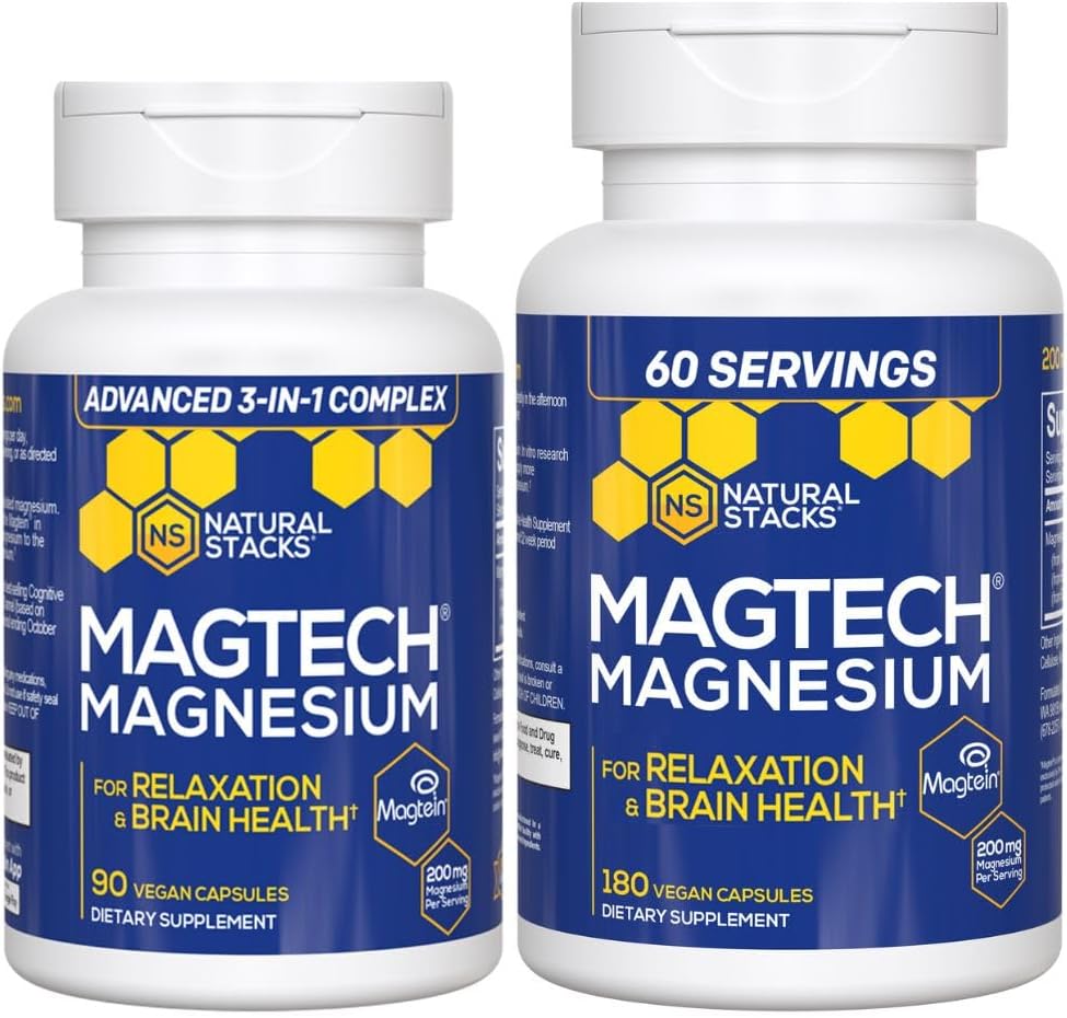 Natural Stacks Magtech Magnesium Value Bundle - 3 Formas de Magnesio - Destacando Magtein L-Threonate - Apoyos Relajación y Salud Cerebro* - 270 cápsulas totales
