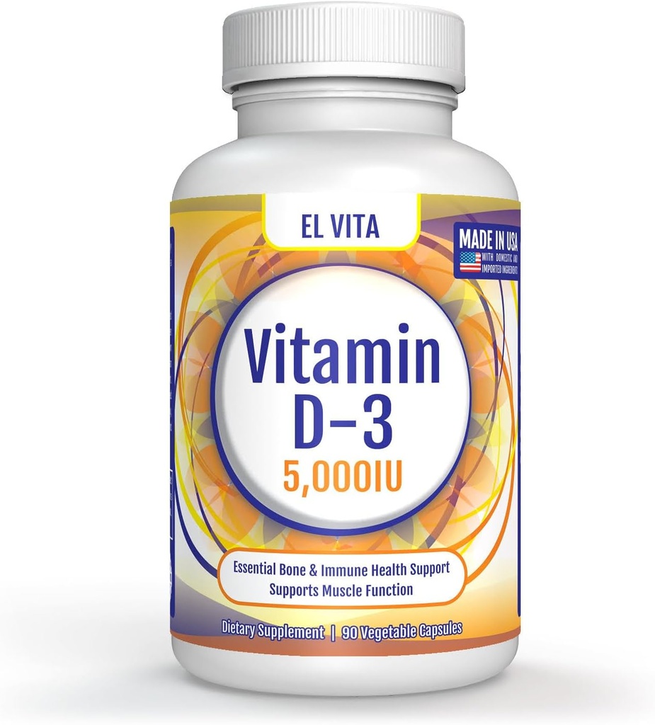 90 cápsulas vegetales Vitamina D. D3 5000IU (125 MCG) Apoyo dietético de alta potencia Suplemento dietético. Recuperación del músculo saludable Avanzado. Non-GMO Formula