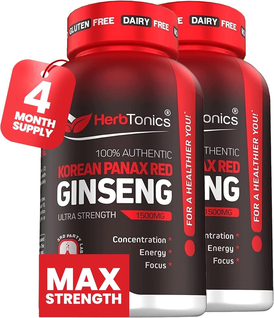 Herbtonics Korean Red Panax Ginseng 1500mg - Suplemento energético para el rendimiento del pico, Focus &amp; Vitality - High Potency Ginseng Root Extract - 240 Vegan Capsules