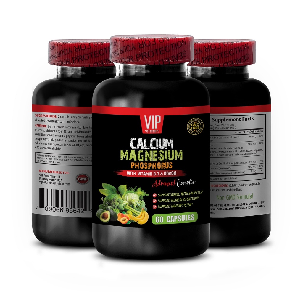 Vitaminas Huesos y Conjuntas - Fosforo de magnesio de calcio, con vitamina D-3 y Complejo Avanzado de Borón - Phosphorus Magnesium, Suplemento de magnesio de calcio, potasio de calcio 1 Bot 60 cápsulas