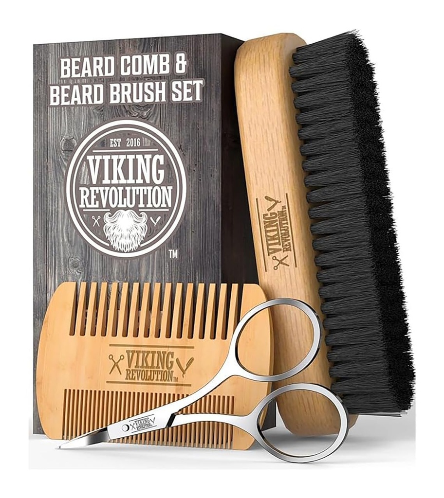 Viking Revolution Beard Comb & Beard Brush Set for Men -- Natural Boar Bristle Brush and Dual Action Pear Wood Comb w/Velvet Travel Pouch - Great for Grooming Beards and Mustaches