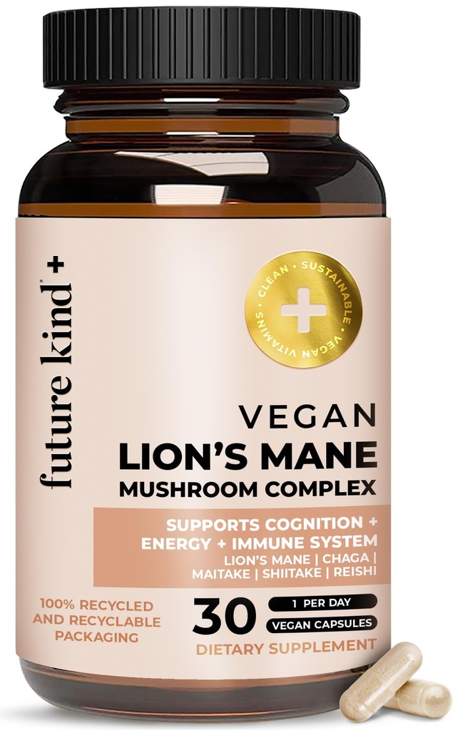 Future Kind Vegan Lion's Mane Mushroom Complex - Suplemento cerebral con Chaga, Maitake, Shiitake, " Reishi, apoya la memoria y el foco (30ct)