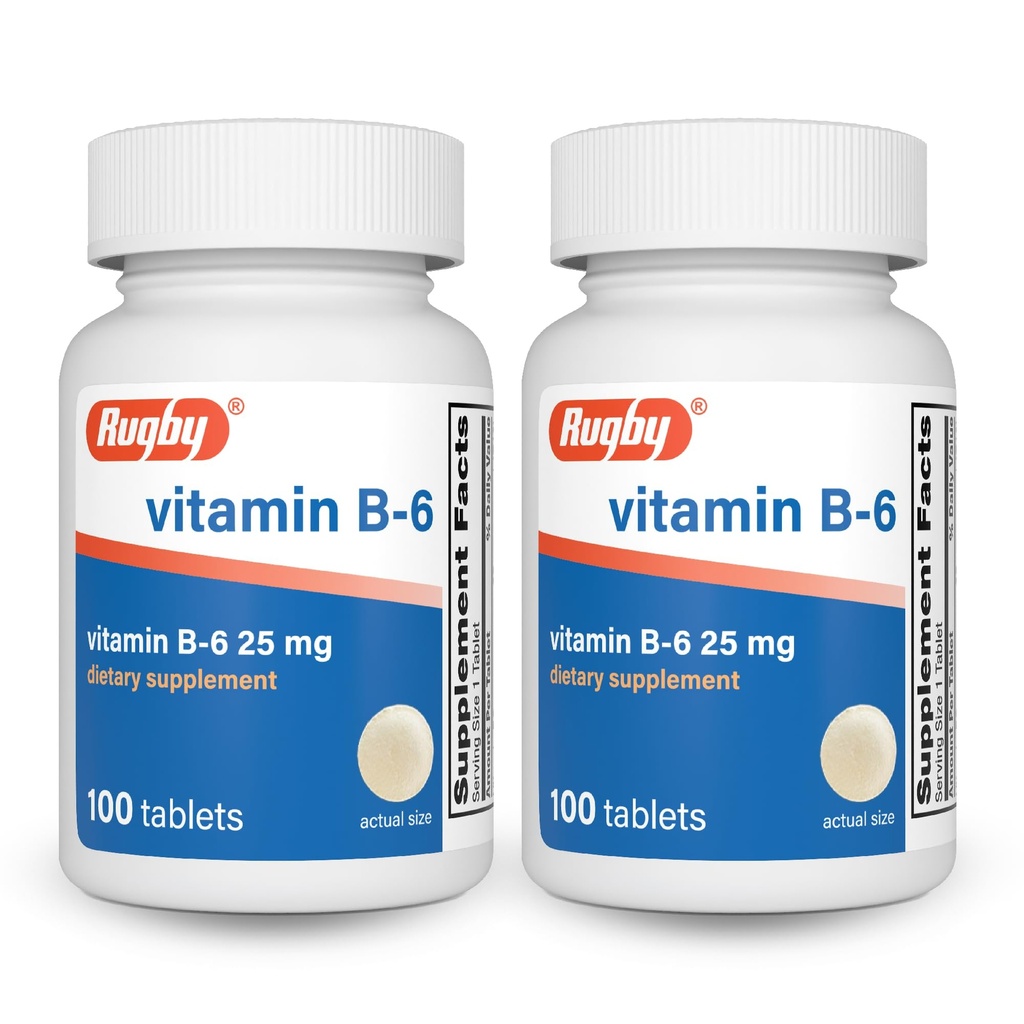 Vitamina de Rugby B-6 Tablas - 25 mg de vitamina B6 - Suplemento dietético - 100 Cuenta (2 Pack)