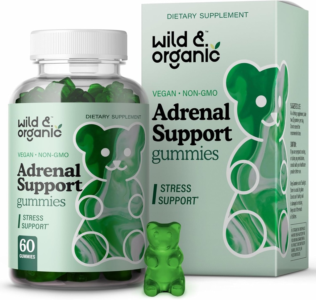 Wild &amp; Organic Adrenal Support Gummies - Suplementos de Apoyo Adrenal Puro para Mujeres y Hombres con Ashwagandha Root & Rhodiola Rosea - 60 Pectin-Based Chews