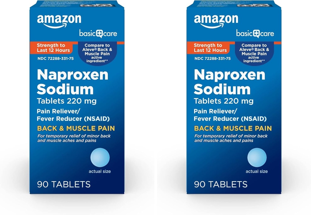 Cuidado básico Volver y dolor muscular, tablas de sodio Naproxen 220 mg, alivio de dolor y reducción de fiebre, para dolor de espalda, dolores musculares, dolor menor de artritis, dolor de cabeza y más, 90 Cuenta (Pack of 2)
