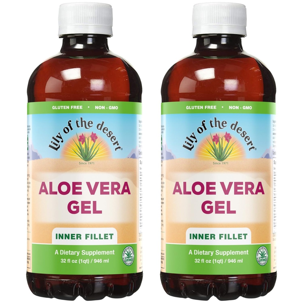 Lily Of The Desert Aloe Vera Gel - Inner Fillet Thicker Consistency Aloe Vera Bebida con Vitaminas Naturales, Enzimas Digestivos para Gut Health, Stomach Relief, Wellness, Glowing Skin, 32 Oz (Pack of 2)