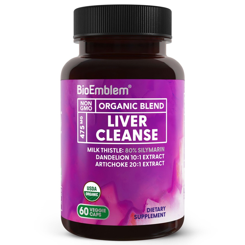 BioEmblem USDA Organic Liver Cleanse - 80% Silymarin Milk Thistle Extract for Liver Health and Liver Function with Dandelion & Artichoke Extracts - 100% Vegan, Non-GMO - Herbal Liver - 60 cápsulas