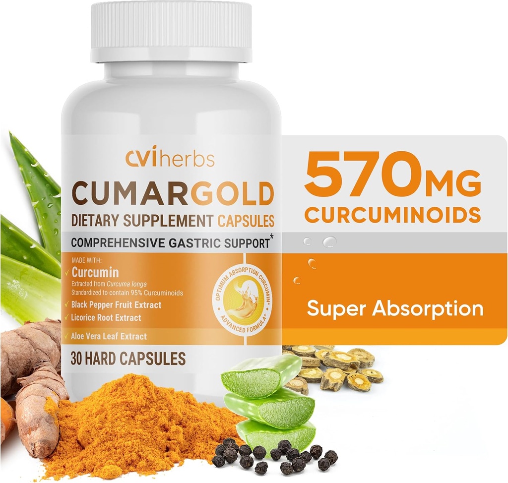 Cumargold 570mg Curcuminoids Turmeric Curcumin Suplemento con Piperina, Licorice Root &amp; Aloe Vera - High Potency Natural Wellness Capsules (30 Conde)