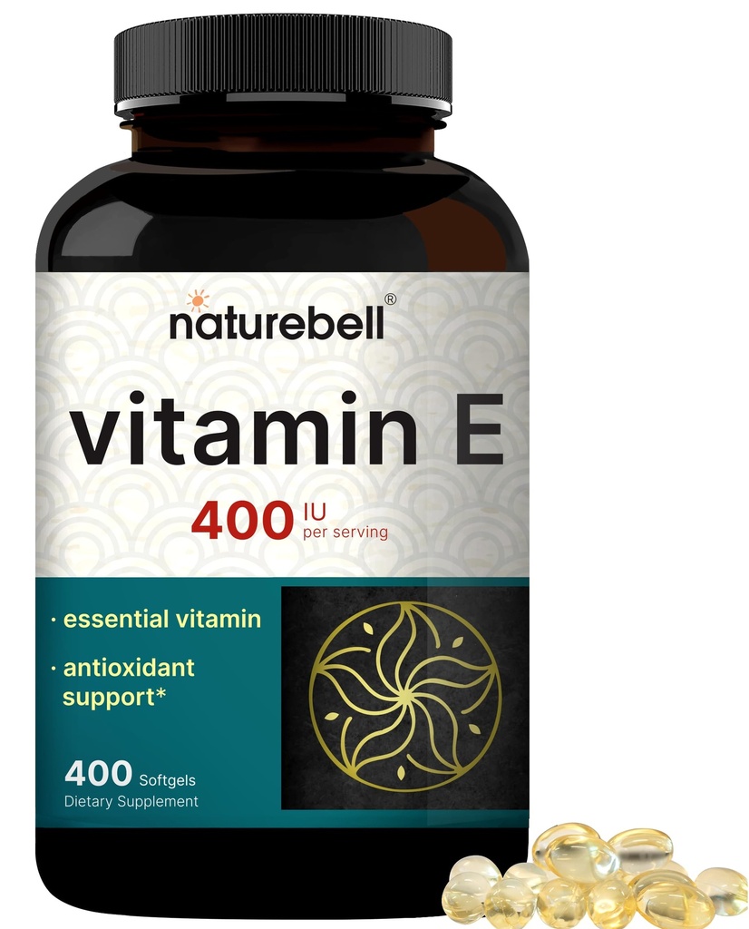 NatureBell Vitamin E Oil Softgels, 400iu Por Serving, 400 Píldoras TENIDOS Suplementos Antioxidantes Esenciales, Forma Fácilmente Absorbida – Soporta Skin, Heart, & Immune Health – Non-GMO