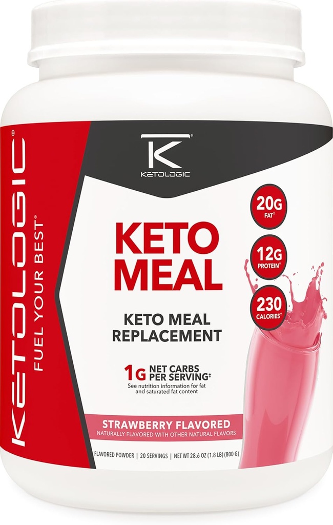 KetoLogic Keto Meal Reemplazo de Shake Powder para resultados óptimos + MCT Aceite + Grass-Fed Whey - Perfectly Formulated Macros for Ketosis - 20 Servings - Fresa