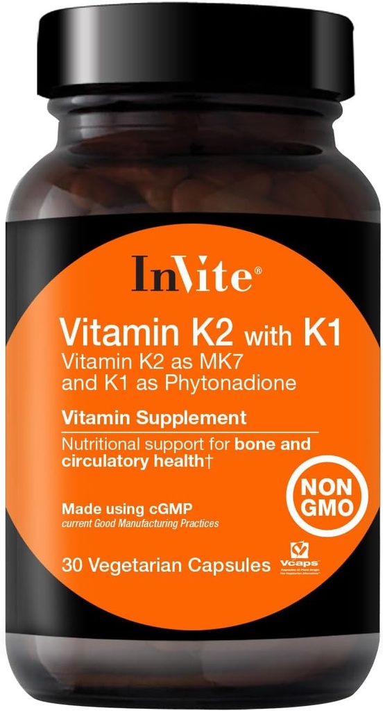 Invitar la vitamina K2 con K1 - Ayuda la salud ósea y circulatoria - Vitamina K2 como MK7 y K1 y Phytonadione - 30 cápsulas vegetarianas (2-Pack)